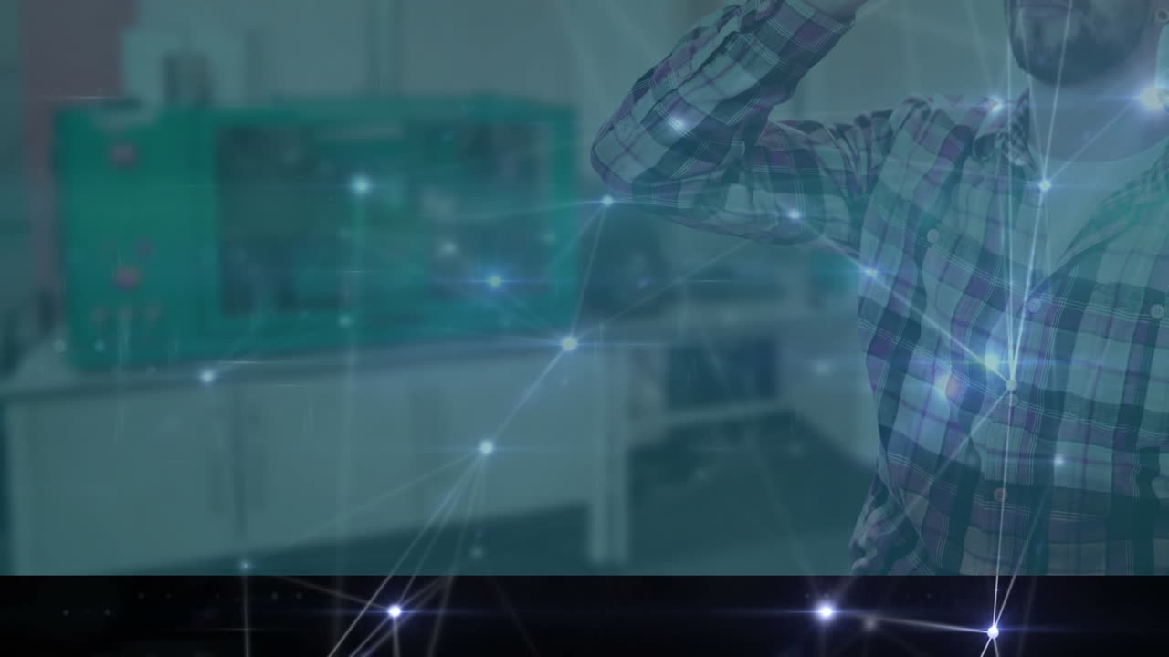 animación de la red de conexiones sobre el hombre que usa auriculares vr