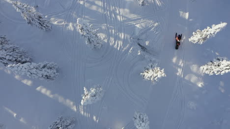 Vista-Superior-De-La-Toma-De-Drones-De-Un-Paseo-En-Moto-De-Nieve-En-El-Camino-De-La-Pista-A-Través-Del-Bosque-De-Invierno-En-Branäs,-Suecia