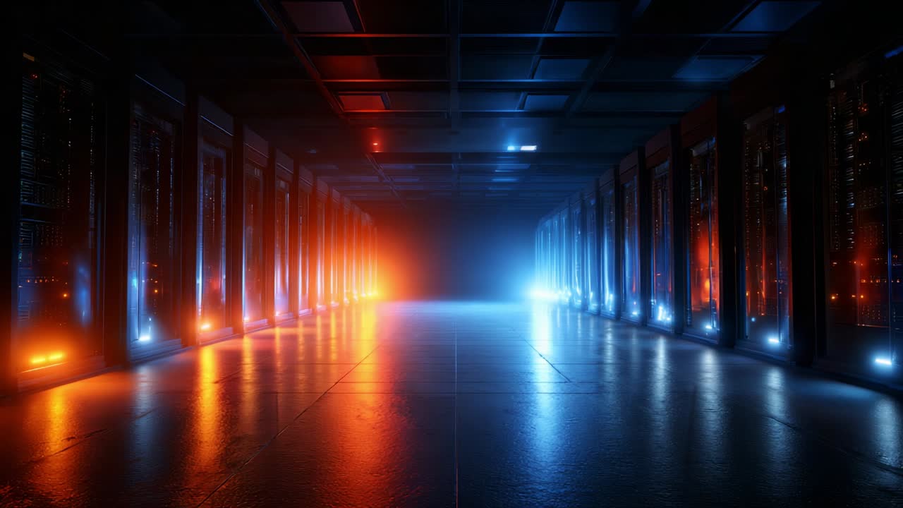 A Stunning Visual Display of an Advanced Data Center Featuring Rows of High-Tech Server Racks Illuminated by an Ethereal Glow Emitting Brilliant Blue and Orange Lights in a Futuristic Environment