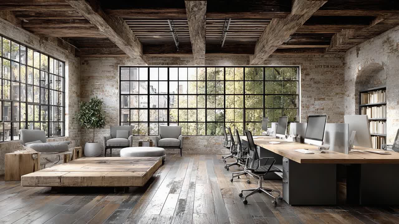 Uno spazio ufficio moderno che unisce il fascino rustico con un design contemporaneo, caratterizzato da abbondante luce naturale e un'atmosfera accogliente per la produttività e la collaborazione.