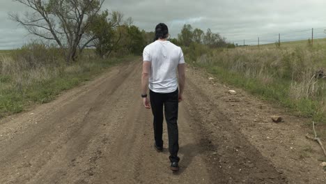 man walking on dirt road by expansive fields