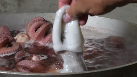 un gran pulpo crudo fresco con tentáculos muy largos poniendo en una olla de acero con agua caliente