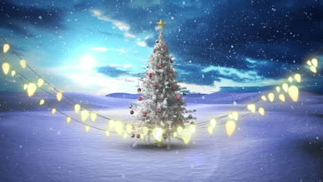 glowing fairy lights decoration against snow falling over christmas tree on winter landscape