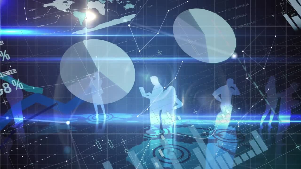 세계 지도와 그리드에 대한 금융 데이터 및 통계 처리의 애니메이션