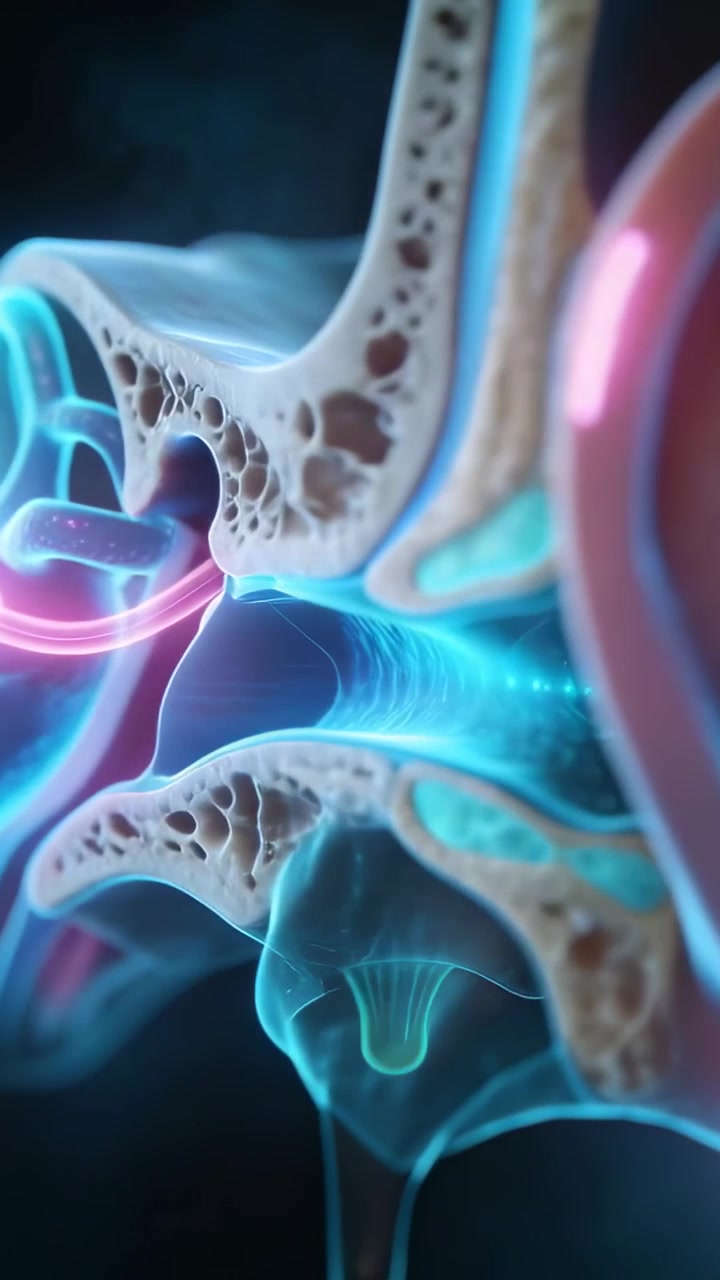 Vertical video: Sending ear showing pulse entering canal in skull making cochlea nerve signals