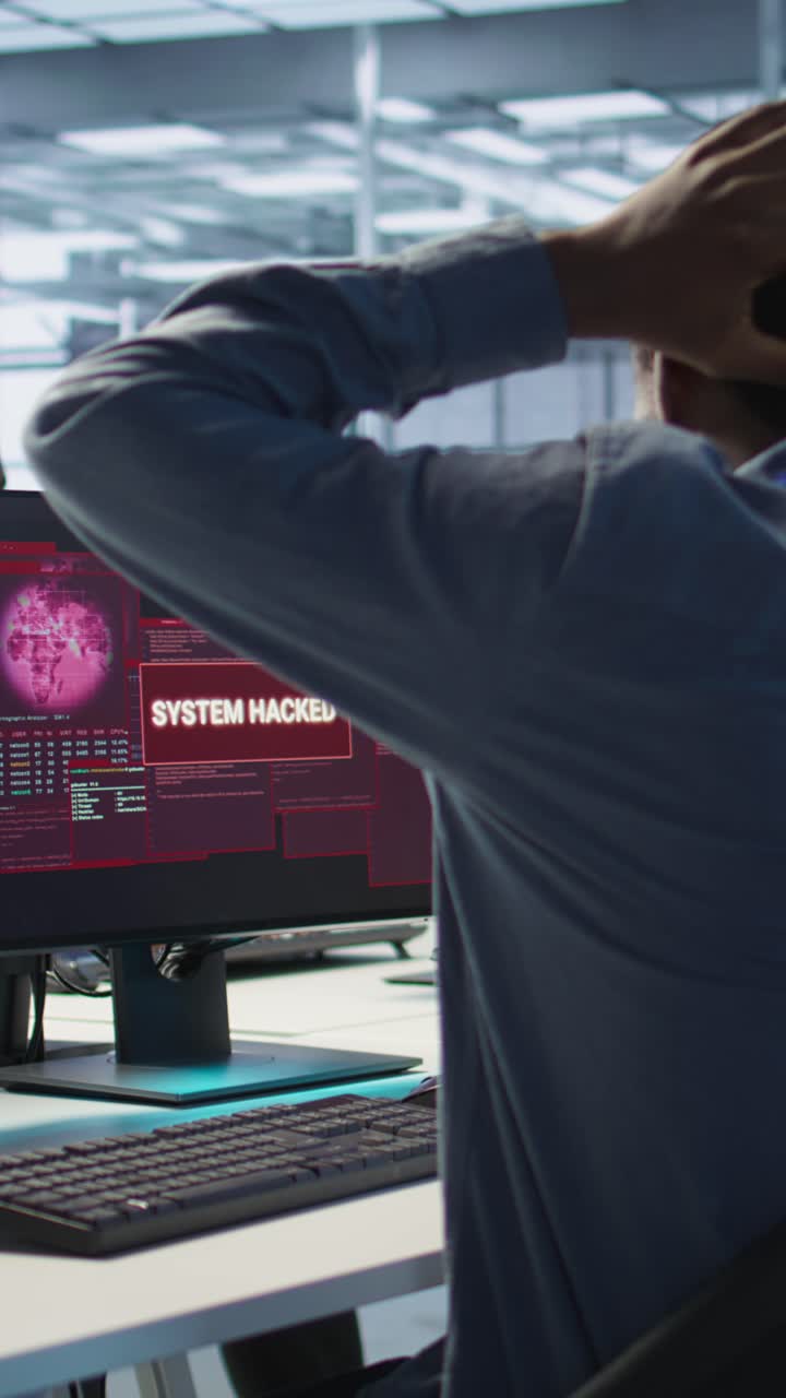 Vertical video Cybersecurity team monitoring security incidents affecting data center