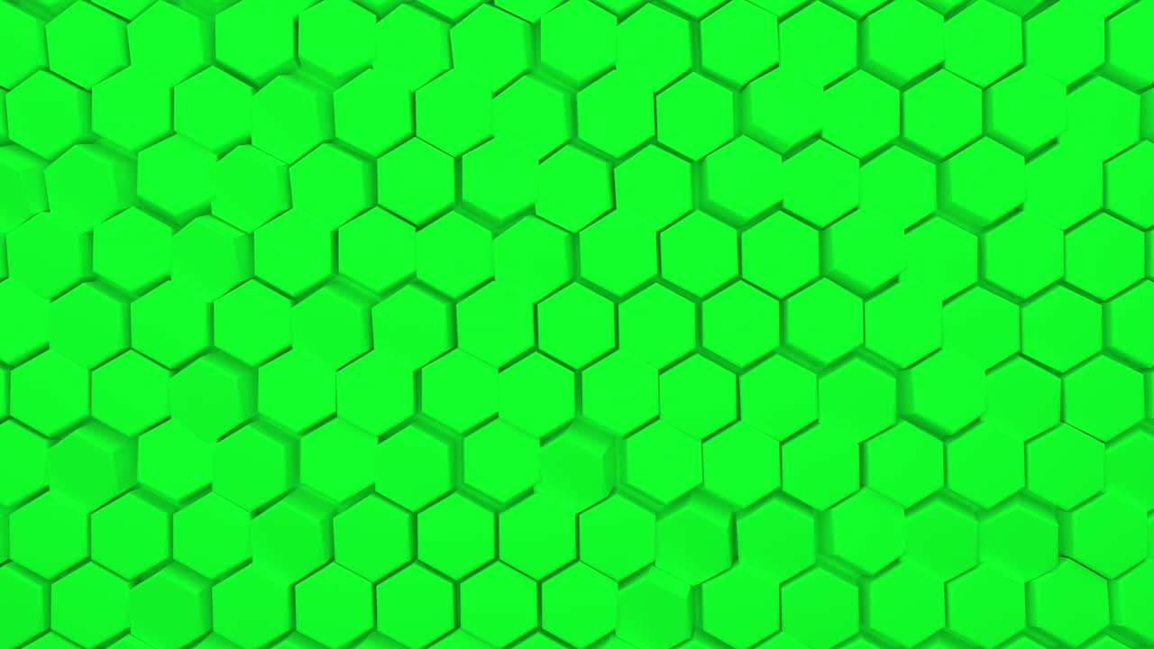추상적인 초록색 육각형 배경, 많은 수의 초록 색 육각형, 3d 벽 텍스처, 육각형 블록 클러스터, 셀러 패널, 4k의 원활한 루프 3d 애니메이션