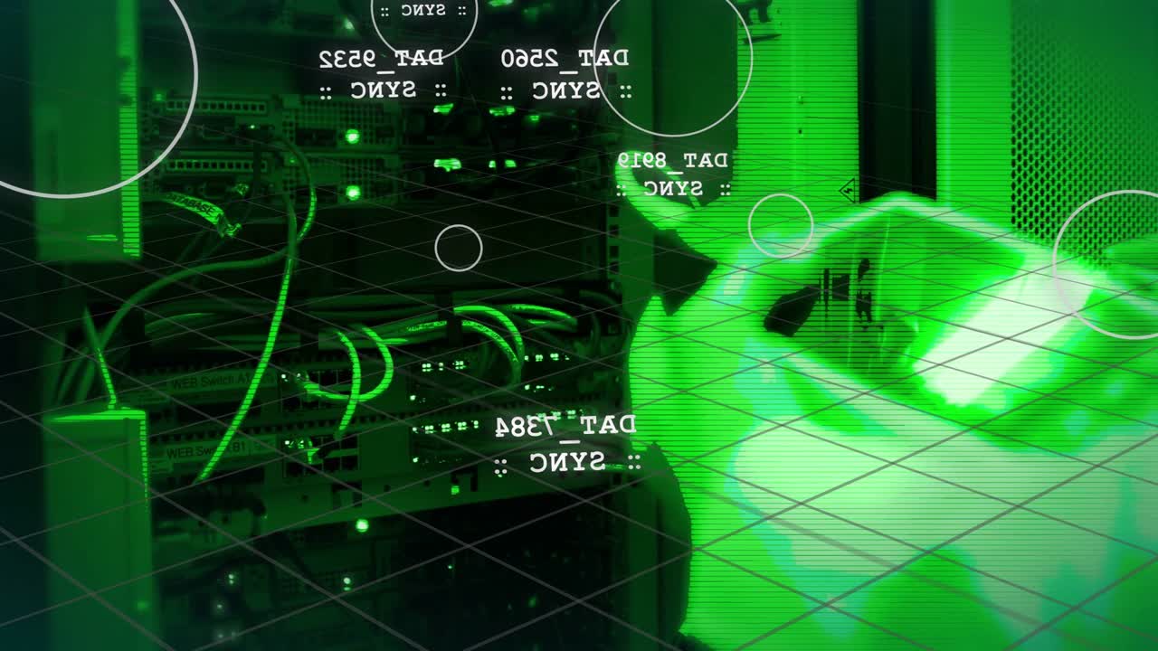 Vertical video: HUD pinging gloved tech syncing rack with tester in server, white mouse, copy space