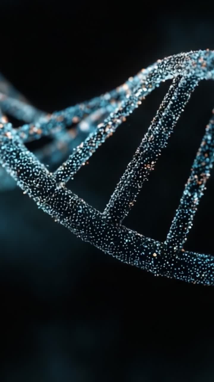 Una visualizzazione mozzafiato della struttura a elica del DNA creata con particelle scintillanti su uno sfondo scuro, che svela i segreti della genetica e del progetto della vita.