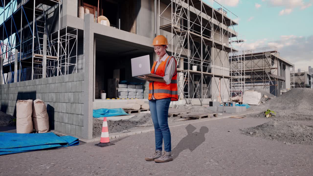 Full Body Side View Of Asian Female Engineer With Safety Helmet Working On A Laptop While Standing At Construction Site in Progress to New House