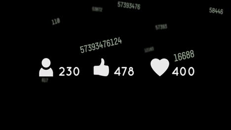 animación de iconos y números de redes sociales que caen sobre un fondo negro