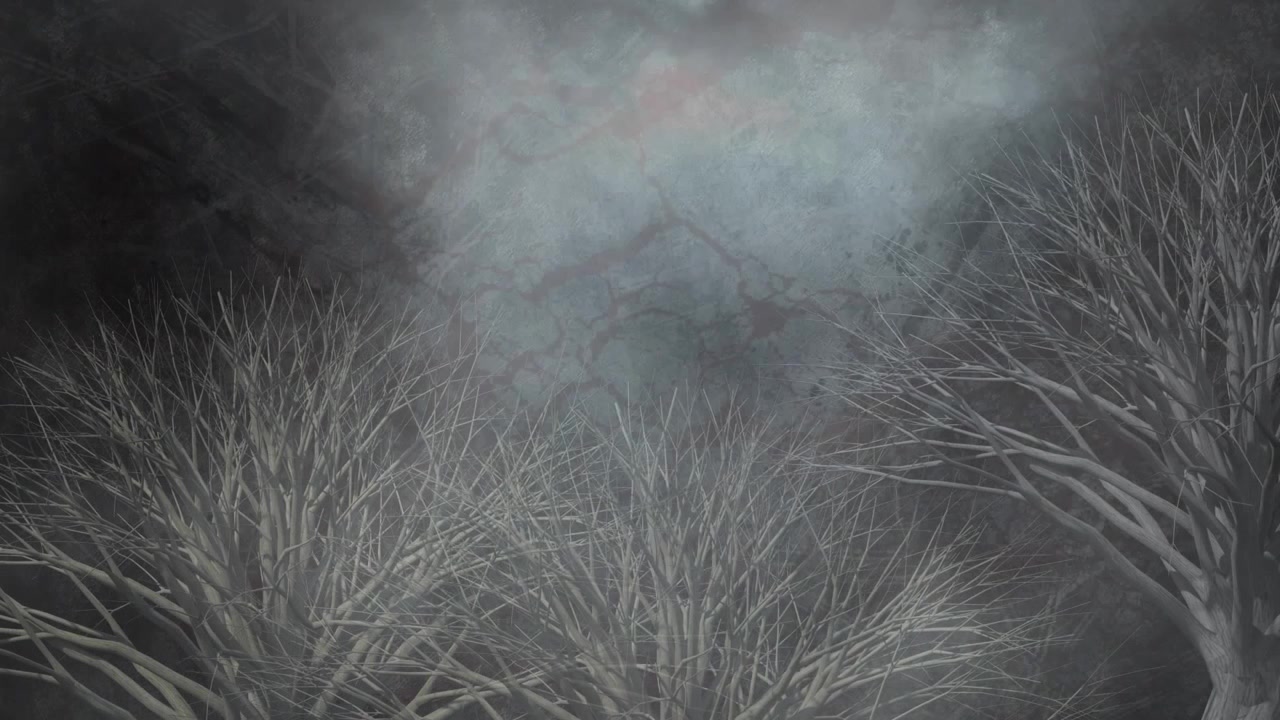 Dunkler Wald mit kahlen Bäumen, Nebel und blinkenden Lichtern.