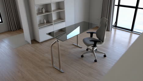 modern minimalist home office with glass desk and office chair