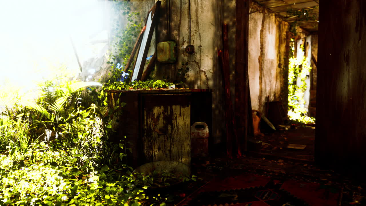 폐허가 된 버려진 식물로 뒤 ⁇ 인 내부