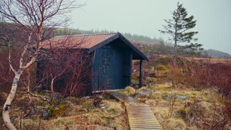 a rustic cabin stands quietly amid the misty, rain-soaked landscape of reinsjøen, åfjord, trøndelag, norway - handheld shot