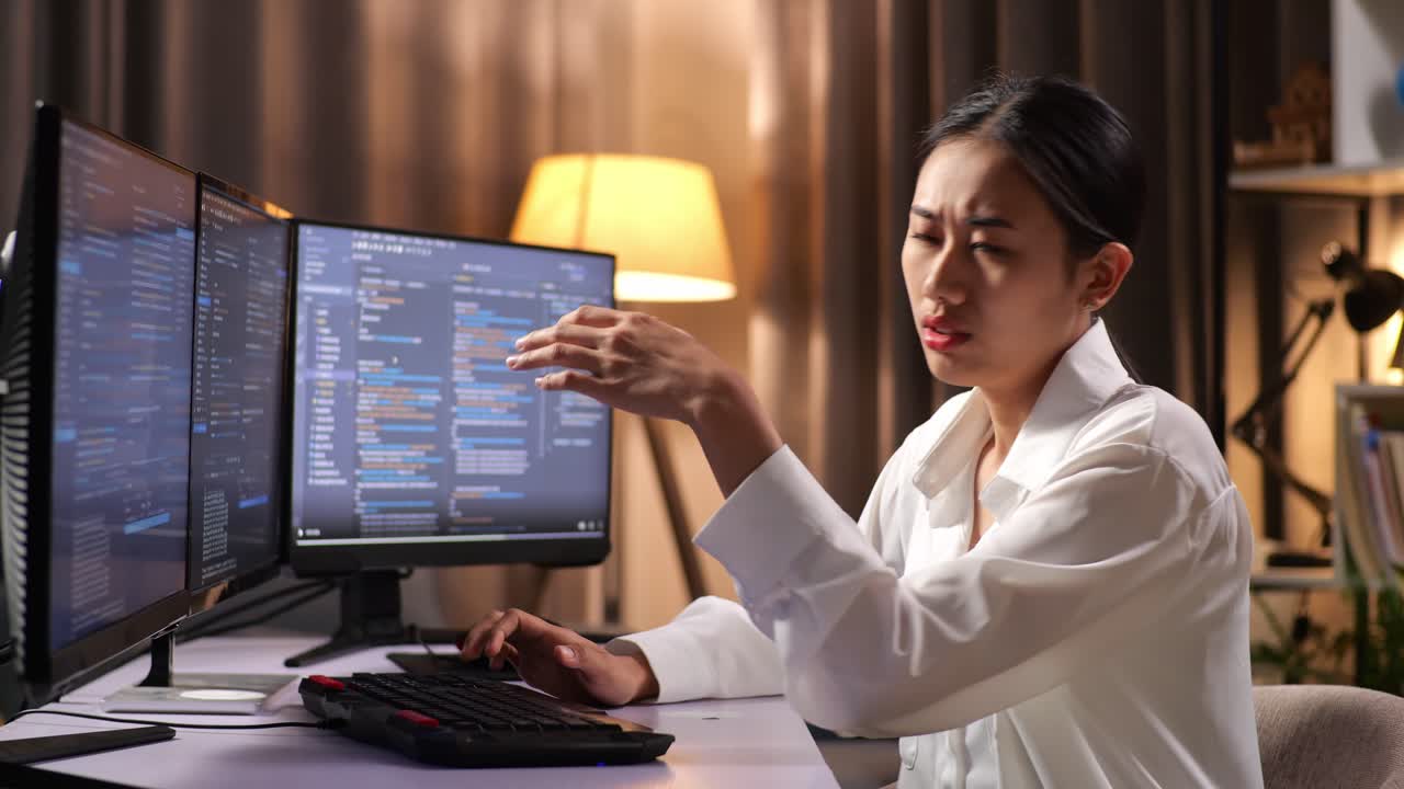 머리가 아픈 아시아 여성 프로그래머, 소프트웨어 엔지니어, 집에서 데스크 컴퓨터에서 앱, 프로그램, 비디오 게임을 개발하는 코딩 언어의 터미널