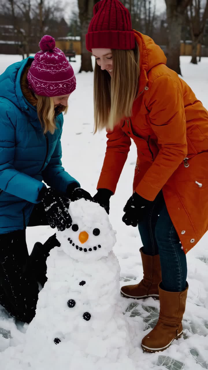Friends Making a Snowman in a Snowy Park