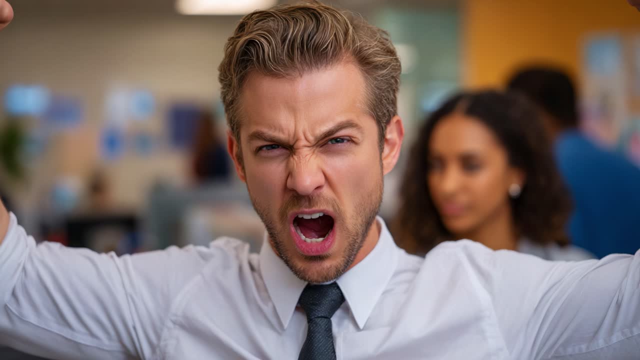 Ledakan Emosi yang Intens dalam Lingkungan Profesional dengan Seorang Pria Frustrasi yang Mengungkapkan Kemarahan dan Ketidakpuasan di Tengah Lingkungan Kantor dan Rekan Kerja