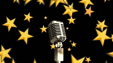 animation of microphone over golden star icons floating against black background with copy space