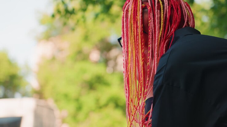 bright haired woman exudes lively elegance, vivacious woman displaying radiant and colorful hair style with serenity, lively woman showcasing brilliant hair with peaceful and composed demeanor