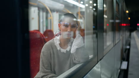 woman sitting on a train at night