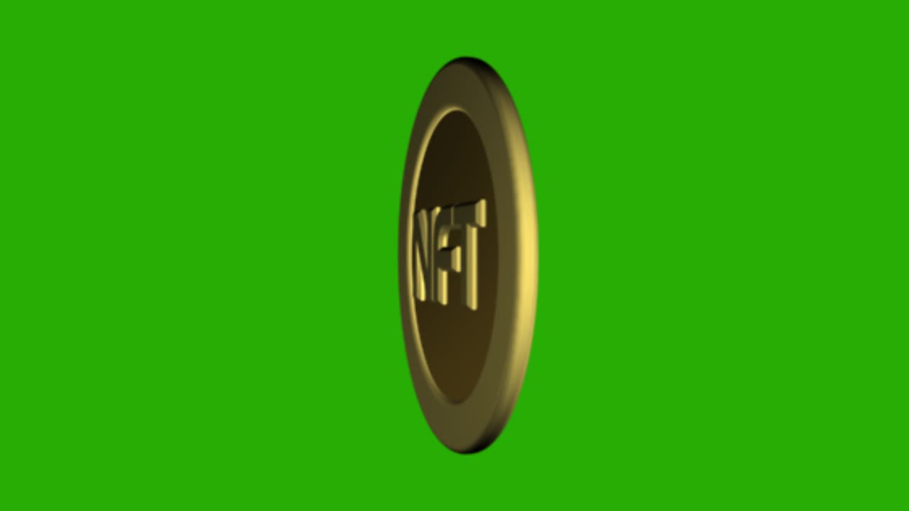 moneda nft dorada y brillante gira sobre su eje. animación 3d de la moneda nft girando 360 grados sobre un fondo verde. token no reembolsable. símbolo de ahorro de efectivo. concepto de negocio. canal alfa 4k