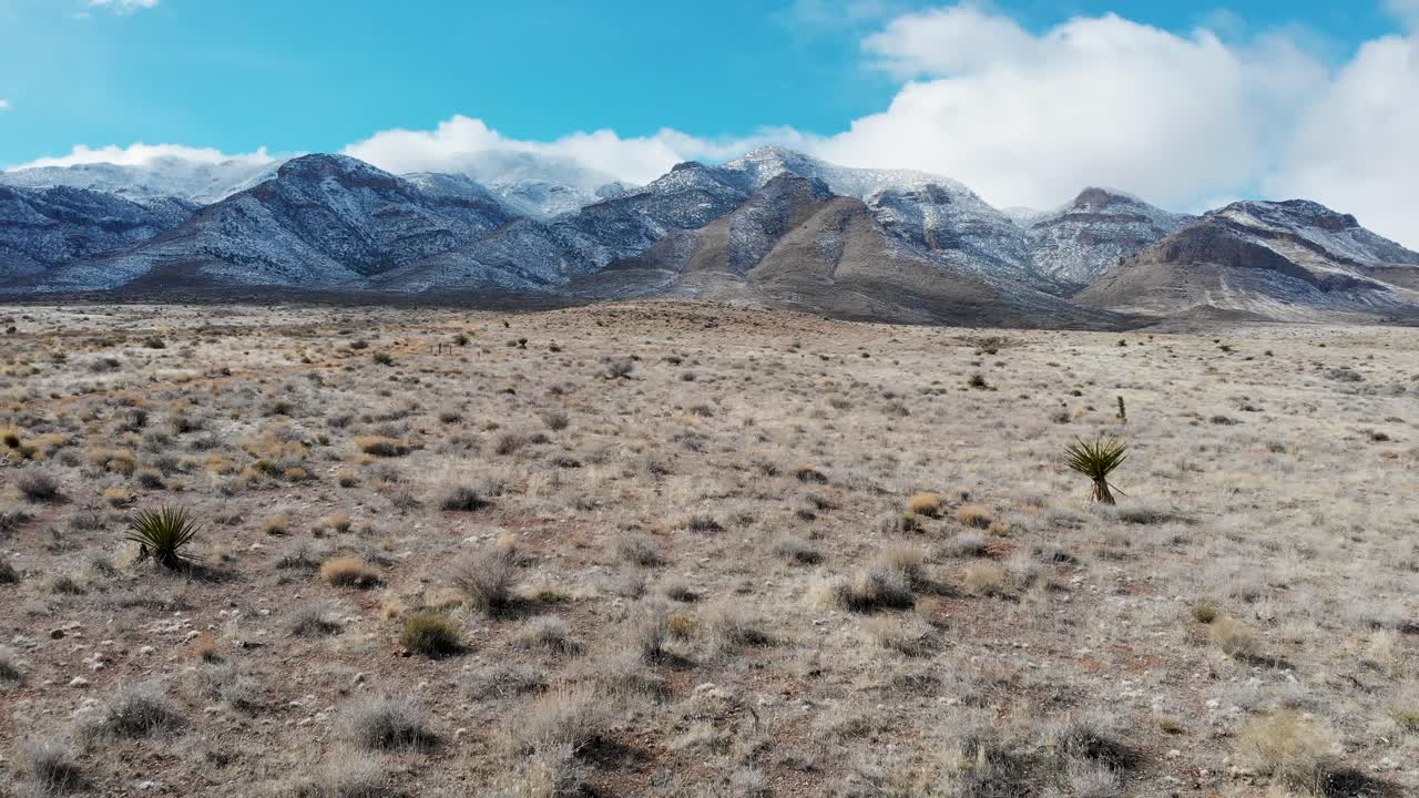 Aerial drone shot in the desert with snowcapped mountains in the background
