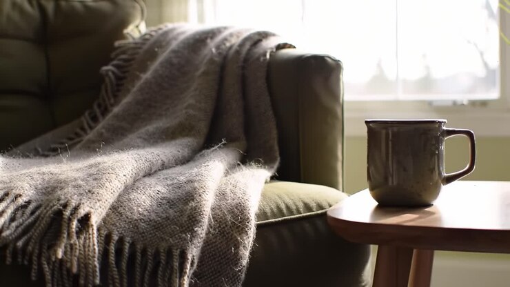 A Cozy Living Room Setting with a Soft Blanket Draped Over a Green Couch and a Warm Mug Placed on a Wooden Table, Inviting Comfort and Relaxation