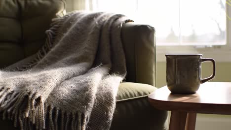 a cozy living room setting with a soft blanket draped over a green couch and a warm mug placed on a wooden table, inviting comfort and relaxation