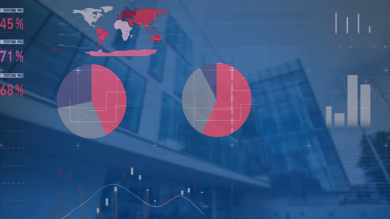 animación del procesamiento de datos estadísticos contra edificios altos