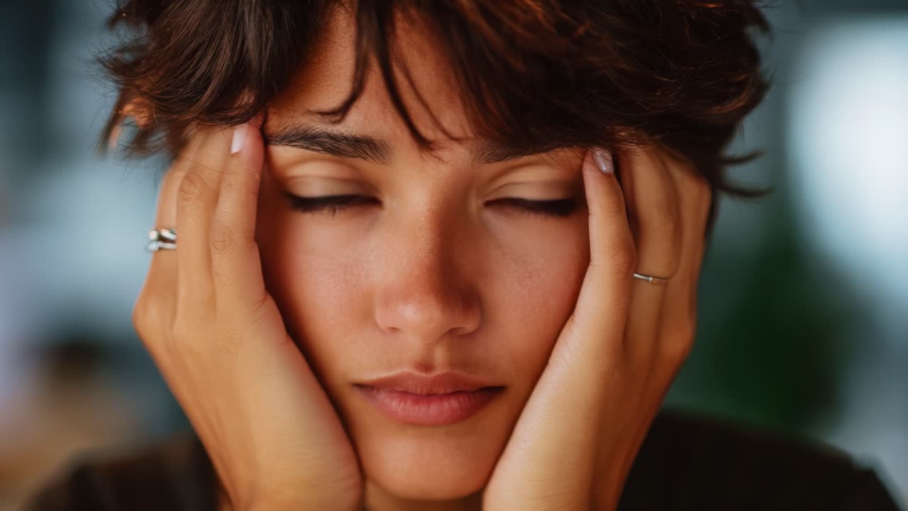 Catturare un momento di introspezione: un primo piano di una giovane donna in contemplazione, con particolare attenzione ai suoi occhi espressivi e al suo gesto pensoso