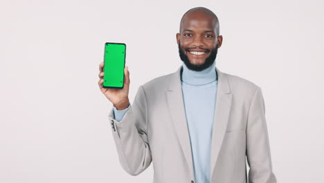 Phone,-black-man-and-hands-point-to-green-screen