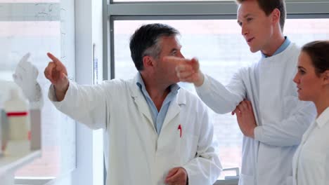 Scientists-looking-at-whiteboard-together-and-discussing-plan