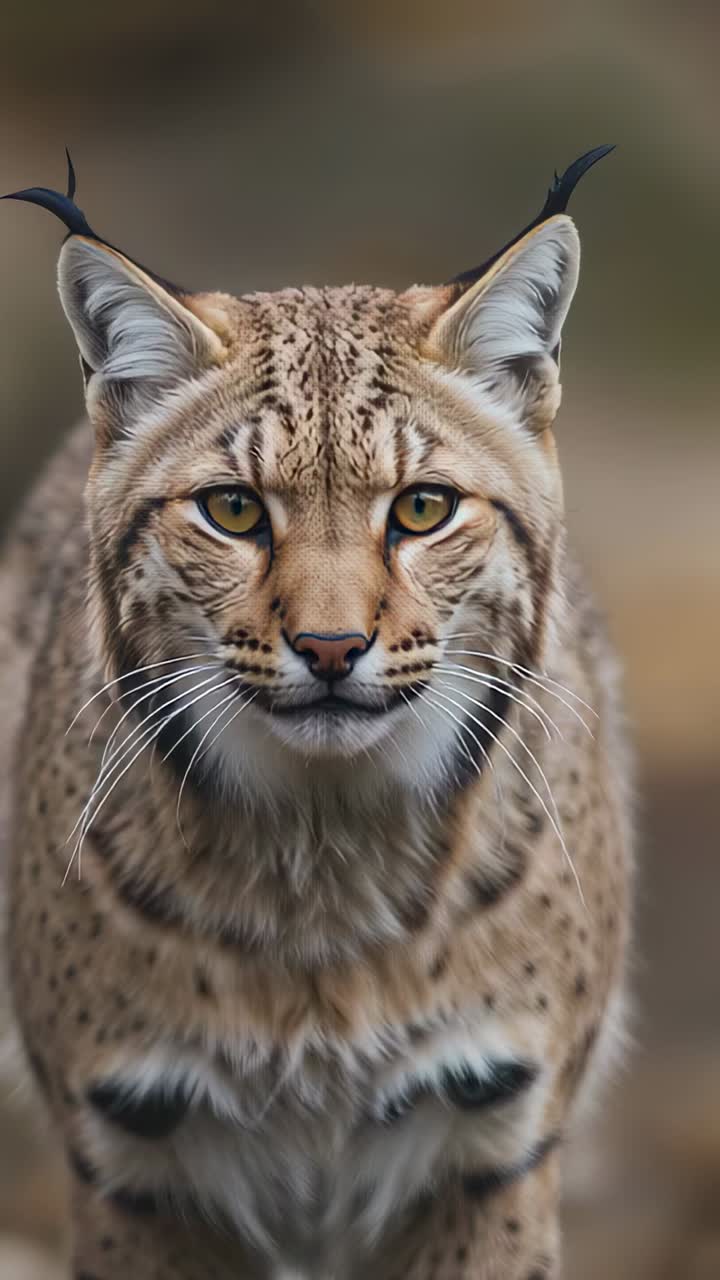 Video verticale: lince selvatica che si muove in avanti in un prato, in risposta allo zoom della fotocamera, con orecchie a ciuffo visibili