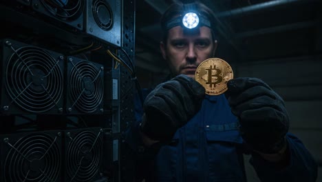 a determined miner showcasing a bitcoin in an underground cryptocurrency mining setup, surrounded by high-performance cooling systems and dim lighting