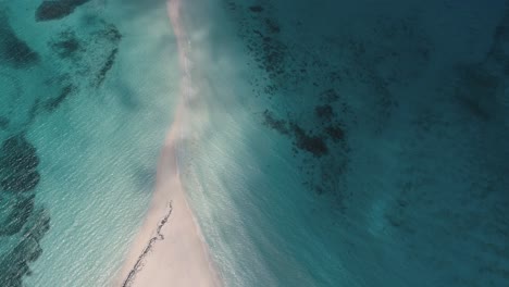 Top-view-tilt-up-reveal-stunning-nature-scene-Los-Roques-archipelago,-turquoise-sea-sandbar