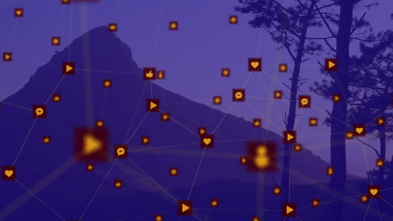 산과 나무가 있는 풍경을 배경으로 디지털 아이콘 네트워크의 애니메이션