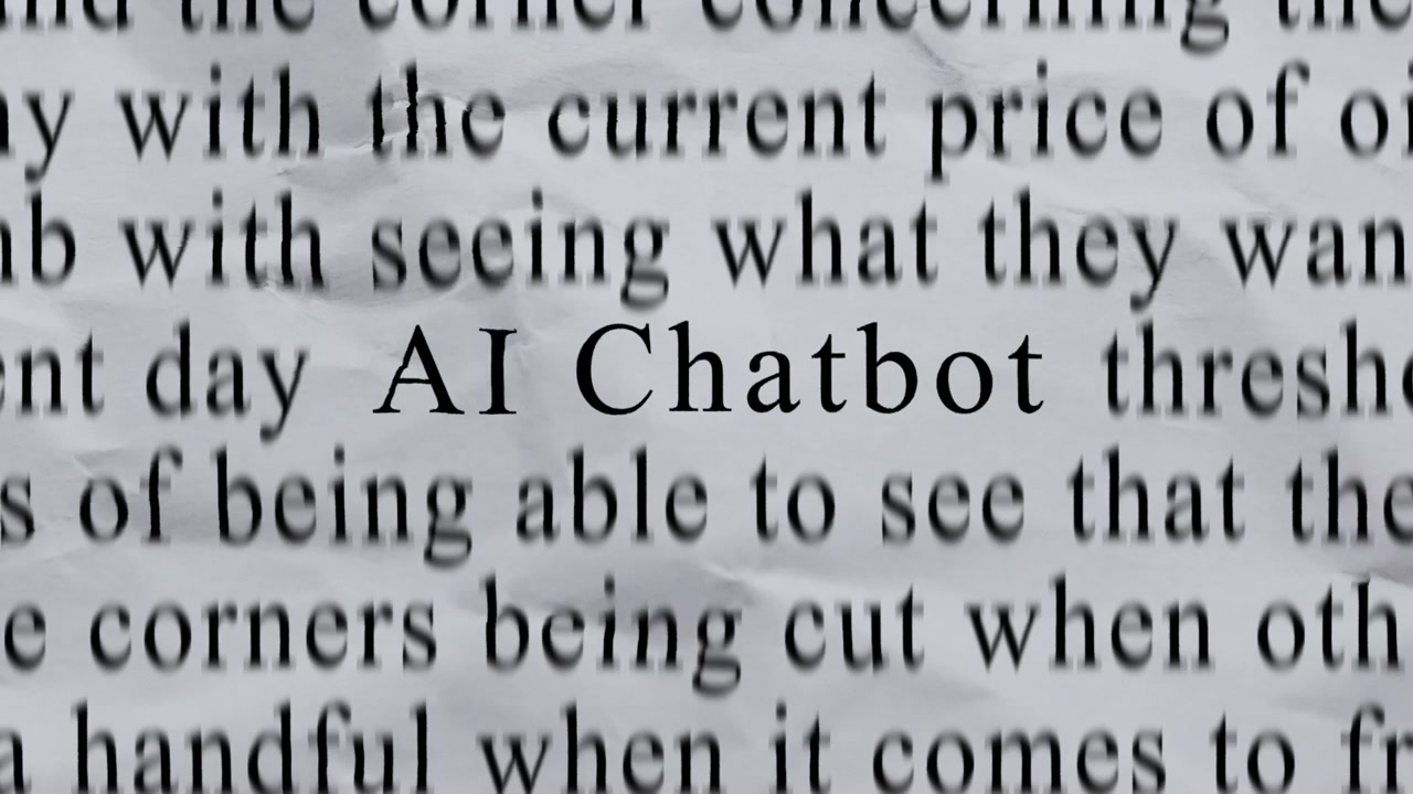 AI CHATBOT Text in Centre with High-energy Fast Text Stop-Motion Writing Cycling Rapidly on Crinkled Texture Paper. Newspaper Cuttings Style animation. 4K.