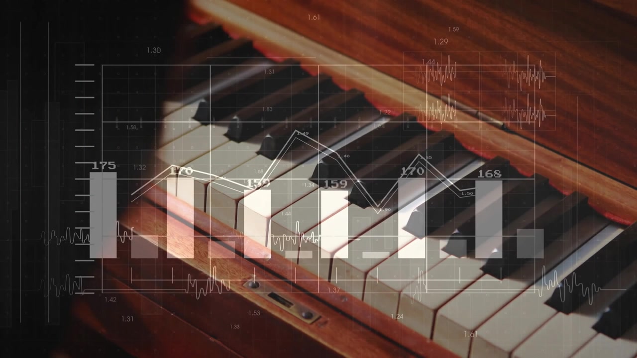Ragazza che posiziona le dita sul tasto Do del pianoforte suonando musica, con un'interfaccia che aggiorna grafici analizzando la forma d'onda