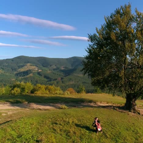 mountainous area in summer. musician performing music among beautiful wild nature. female cellist playing the musical instrument on a top of a hill