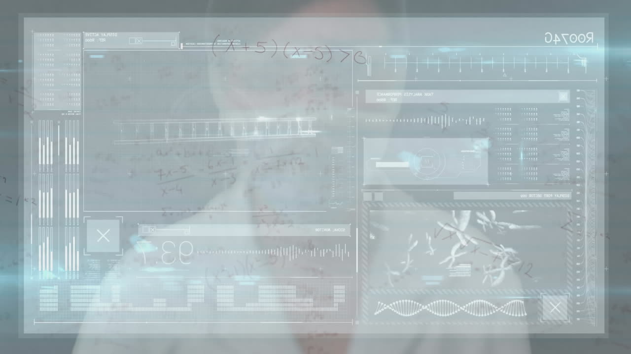 animación de cadenas de adn y números cambiantes, procesamiento de datos médicos en la pantalla