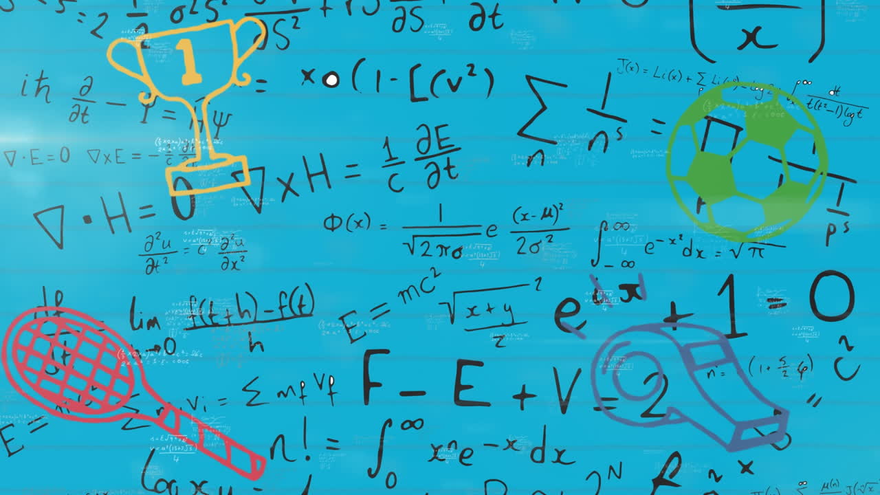 animación de coloridas fórmulas matemáticas e iconos sobre un fondo azul