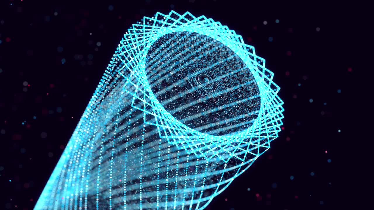 las partículas de brillo abstractas forman objetos 3d en el espacio. el bucle vj como bg del espacio digital virtual. las partículas forman forma holoram como concepto de big data, red o espacio vr. diseño de movimiento de ciencia ficción bg