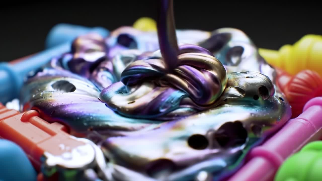 A mesmerizing display of colorful, iridescent slime amidst vibrant plastic toys, showcasing the captivating transformation of ooze in a playful environment