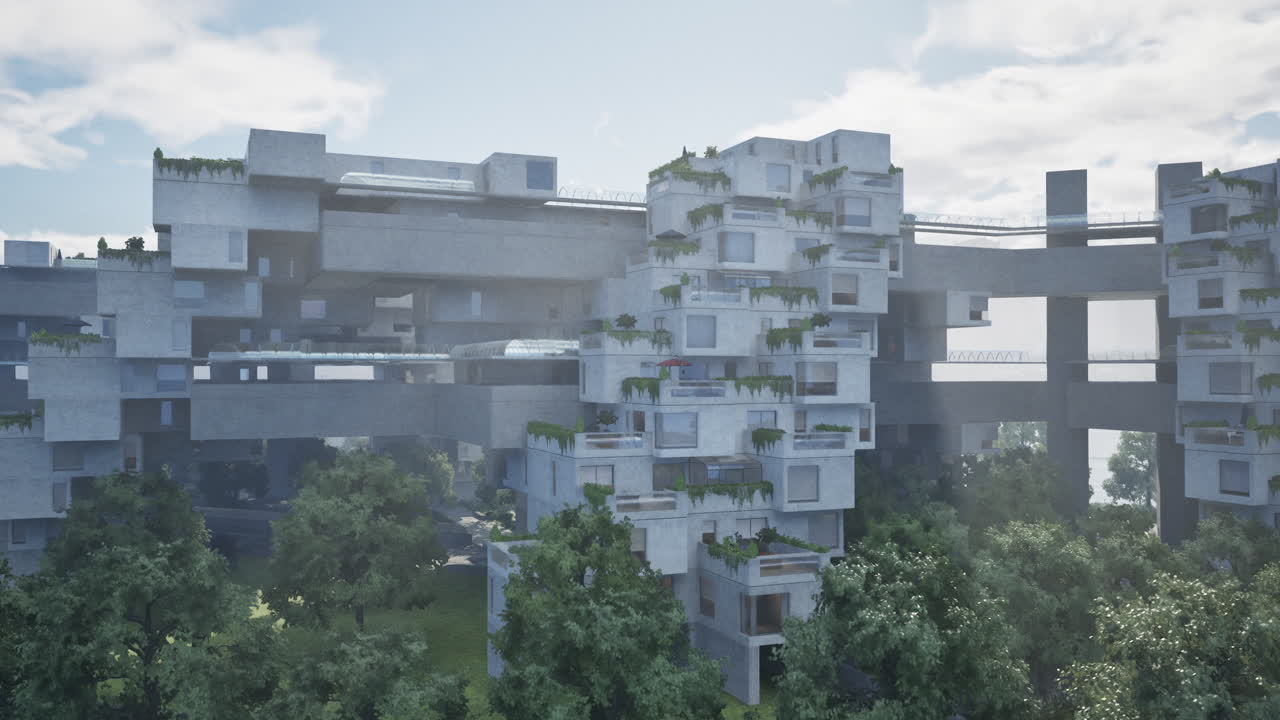 Futuristic Concrete Building with Green Roof