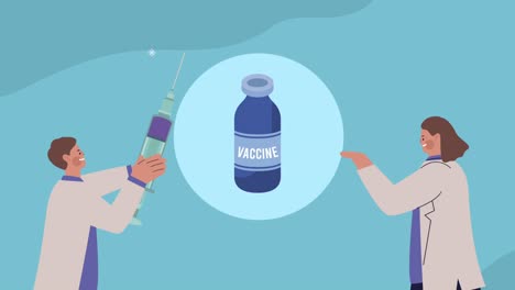 scientists couple with vaccine vial and syringe characters