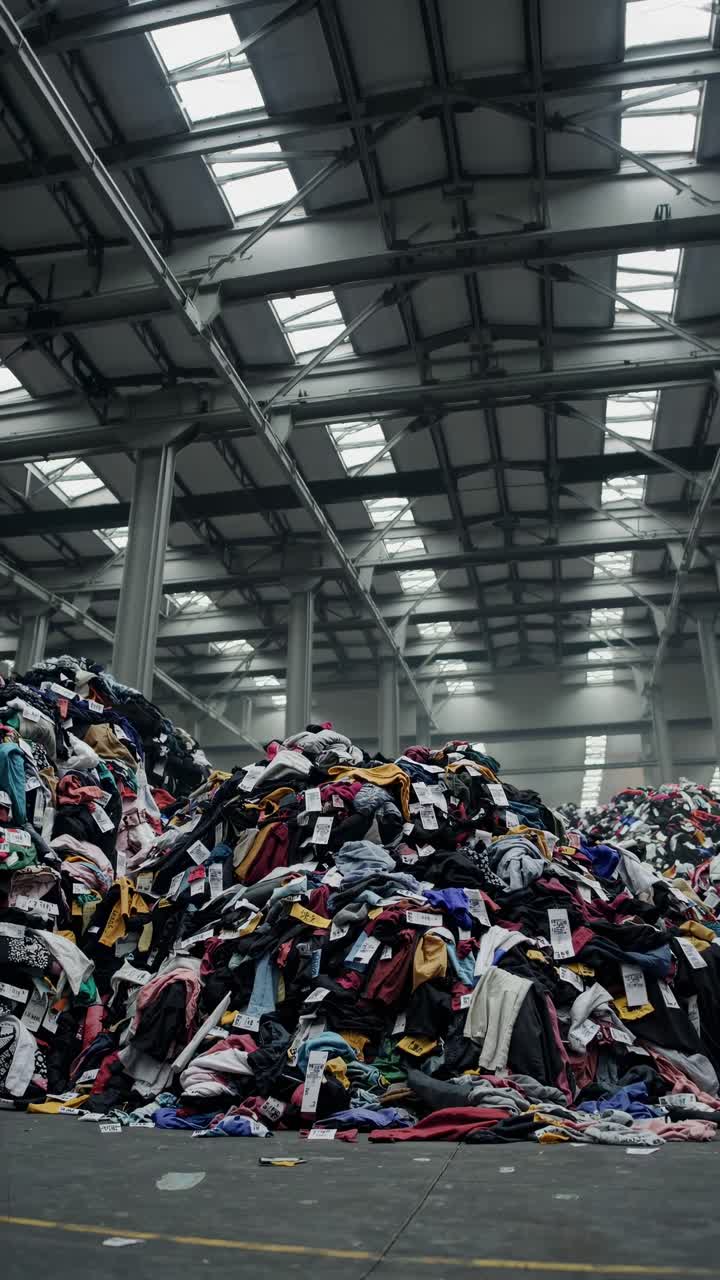 Wide-angle shot of towering clothing piles in a warehouse, highlighting fast fashion waste