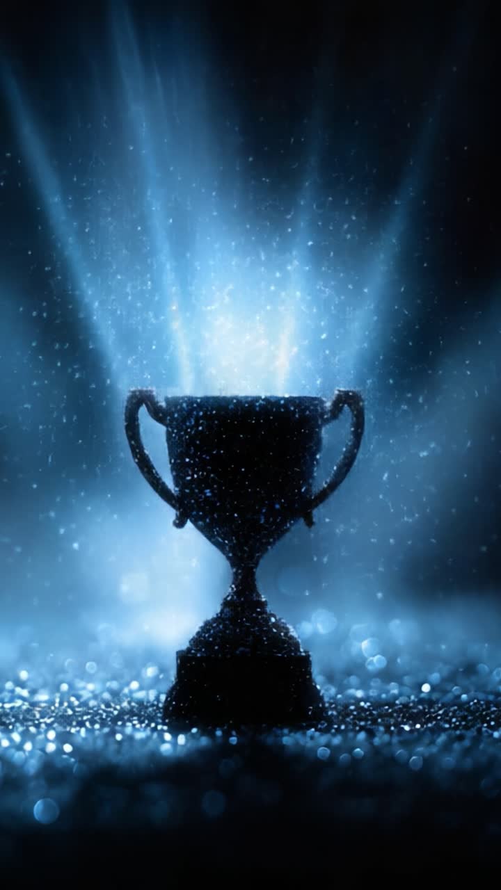 Ein schimmernder Triumph: Die elegante Silhouette einer Trophäe, beleuchtet von leuchtend blauem Licht und funkelnden Partikeln vom Boden.