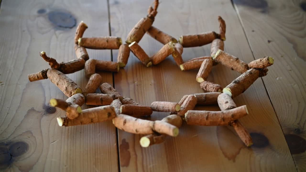 Rami corti che si spostano, mossi da strutture, ruotando e posizionandosi su un tavolo di legno con estremità tagliate.