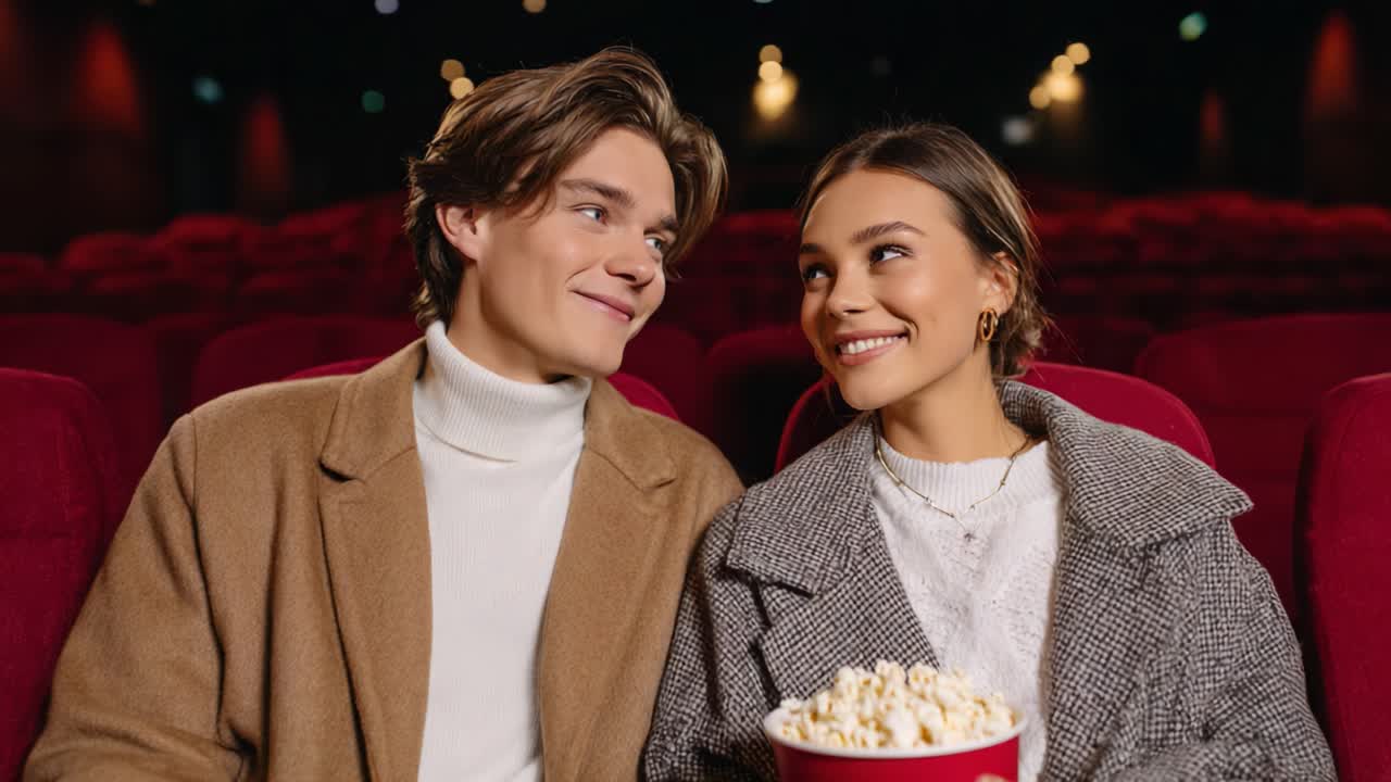 A Young Couple Enjoying Each Other's Company in a Movie Theater, Sharing Popcorn and Smiles, Creating Heartfelt Moments Together During a Film Experience